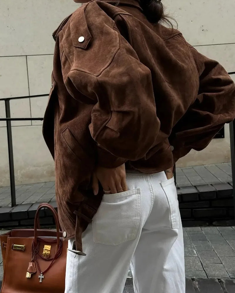 European and American Brown Lapel Irregular Short Loose Jacket Retro Maillard Fashion Casual Top