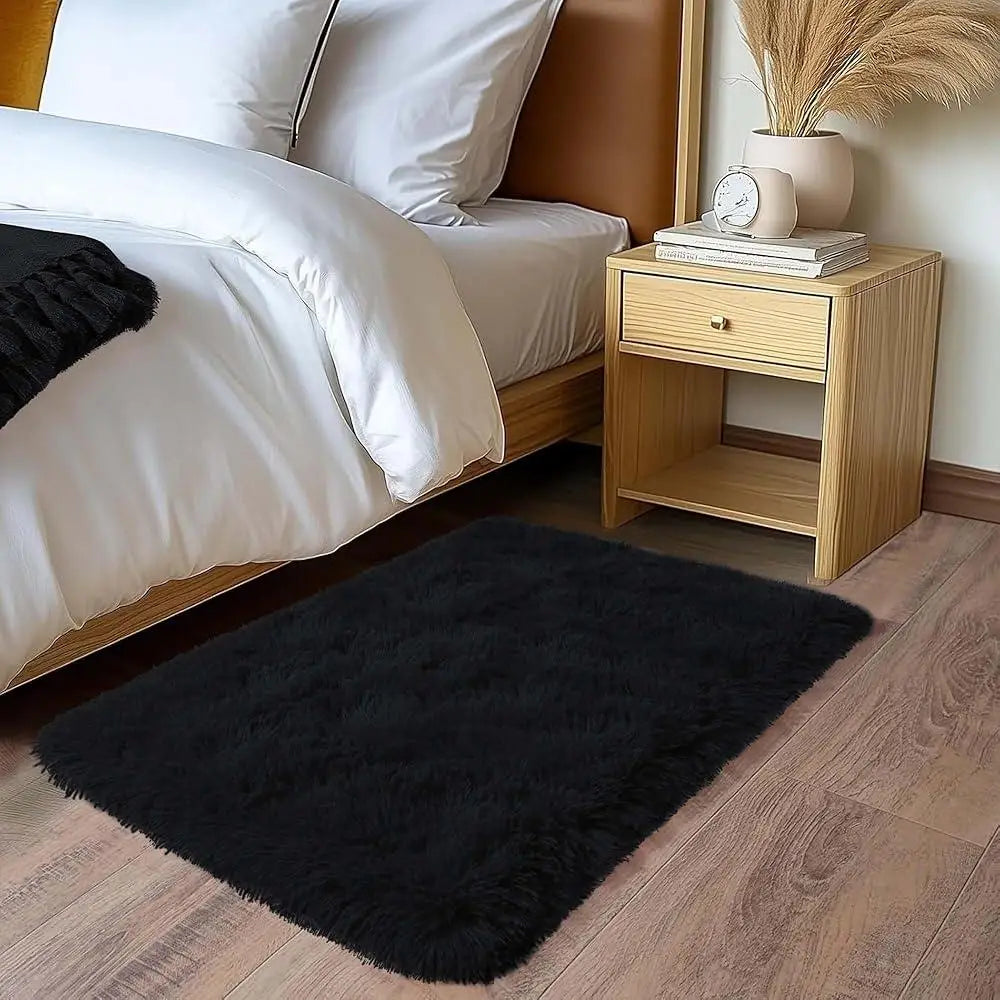 VIKAMA Small Black Area Rug - Soft Plush Children's Bedroom Bedside Rug, Indoor Entrance Welcome Mat, Home Decoration Accessory