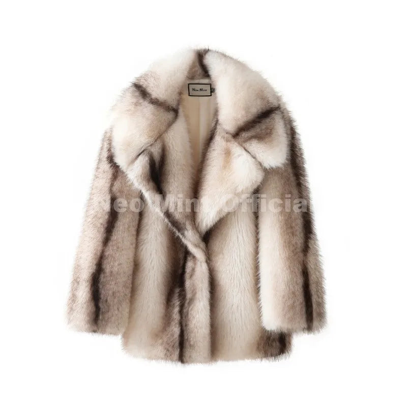 Neo Mint Luxury Brand Fashion Women Yellow Striped Faux Fur Jacket Coat Chic Girls 2025 Winter Oversized Warm Outerwear Overcoat