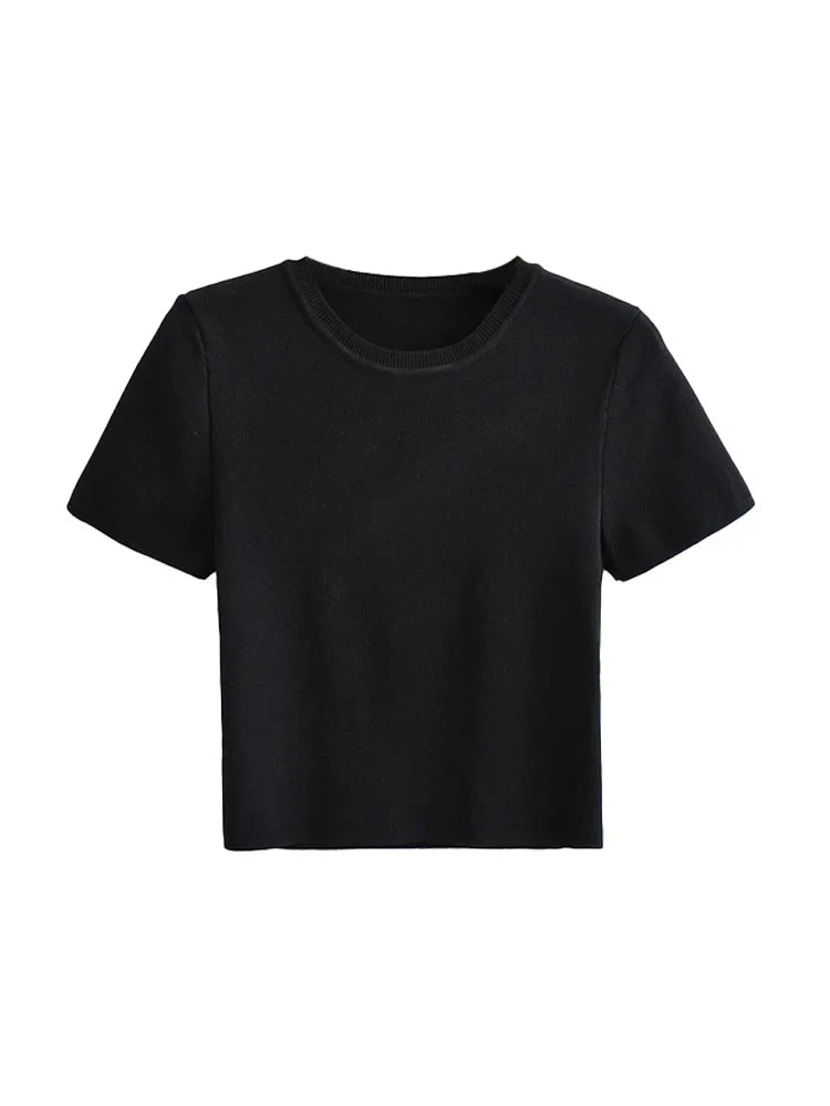 Women Fashion Striped Basic Cropped Knit Sweater Vintage O Neck Short Sleeve Female Pullovers Chic Tops