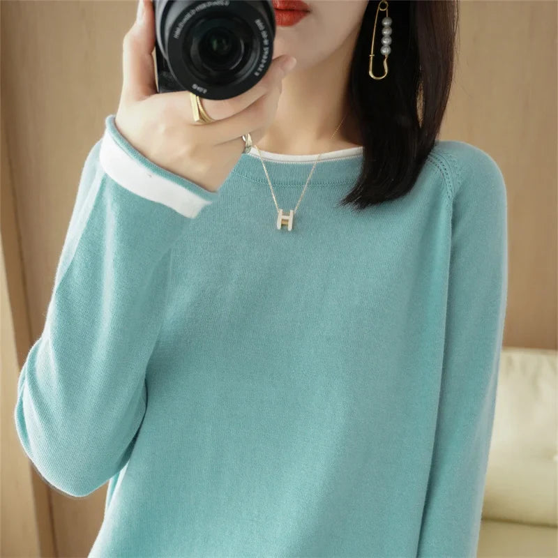 100% Cotton Knitwear Women's Round Neck Sweater Spring And Summer New Loose Color Matching Cotton And Linen Bottoming Shirt