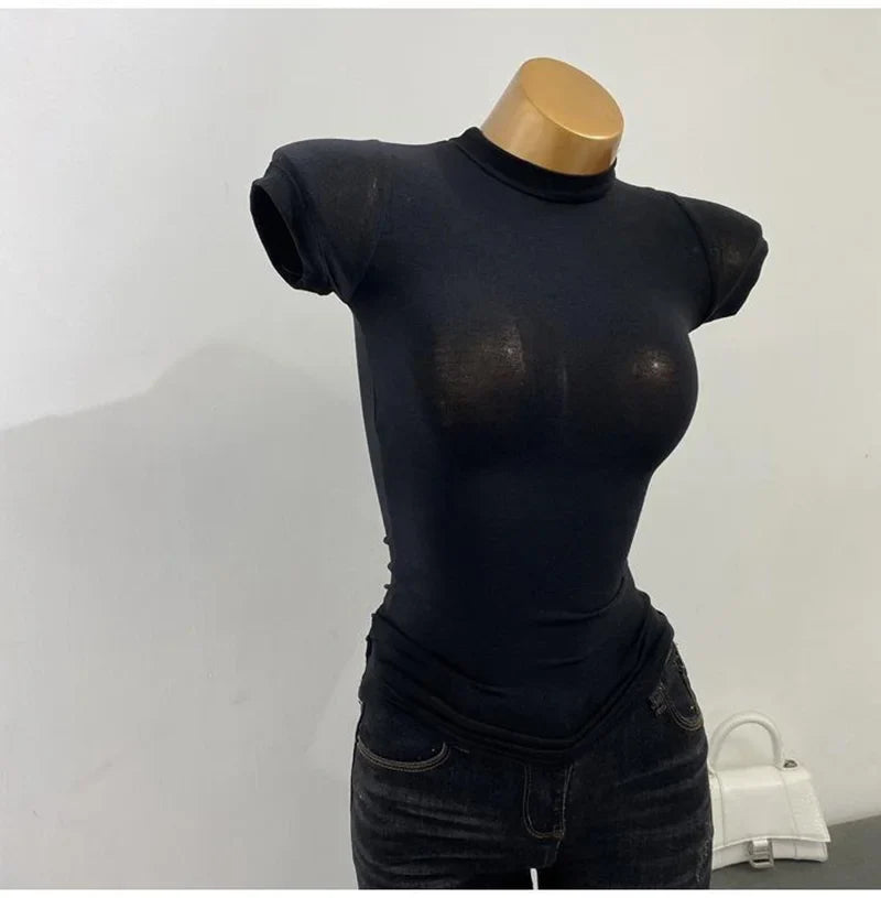 Women's Slim Fit Turtleneck Ribbed Knit Crop Top Casual Basic Tight Knit Sexy Fitted Cropped T-Shirt