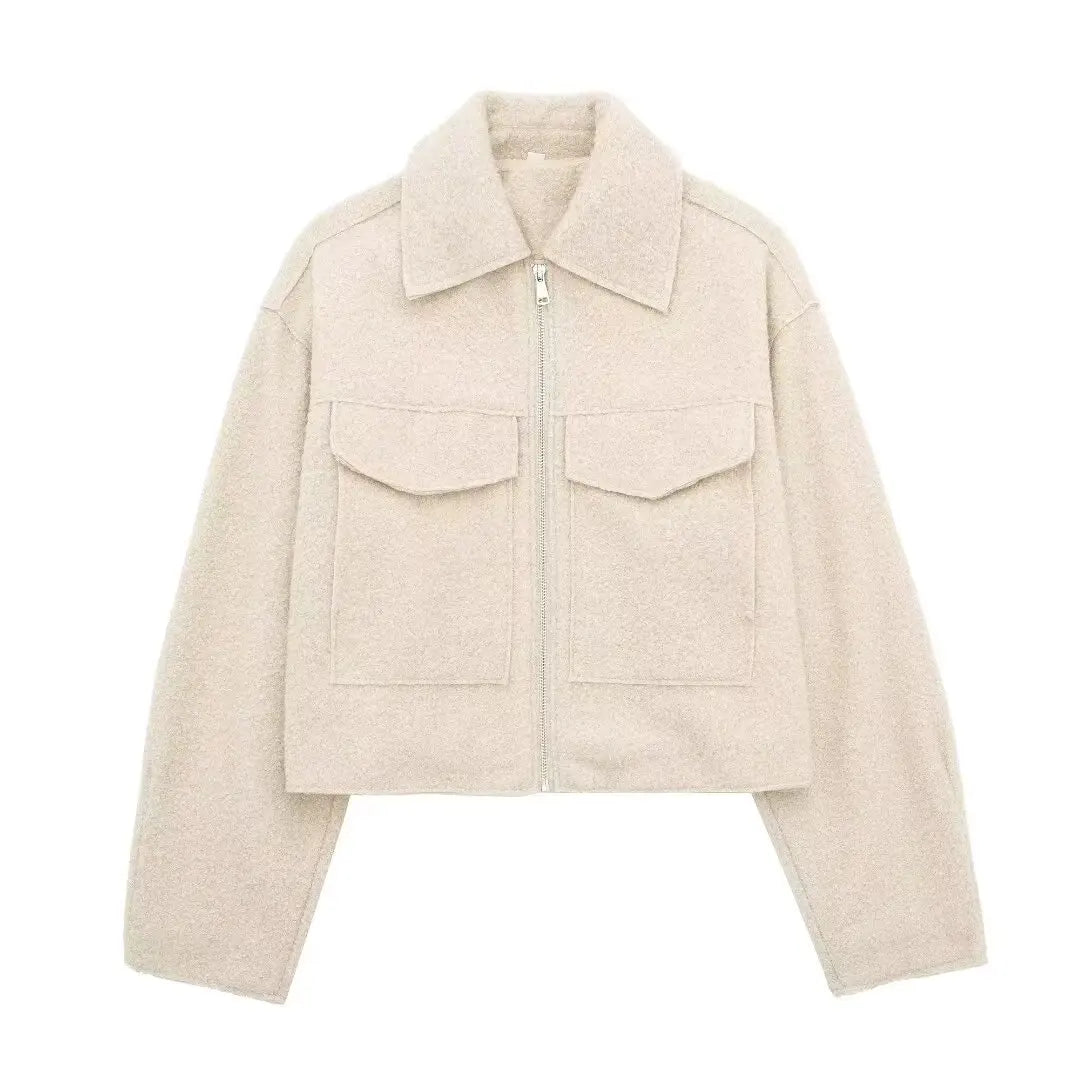 DUOPERI Women Fashion Winter Autumn Fleece Cropped Jacket Lapel Collar Long Sleeves Female Chic Lady Casual Short Outwear