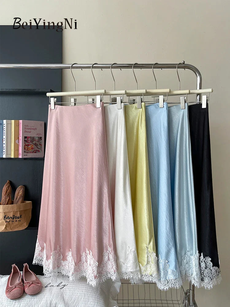 Beiyingni French Elegant Satin Mermaid Skirt Women Spring Summer Lace Patchwork Pack Hip Long A-line Skirts Office Ladies Faldas