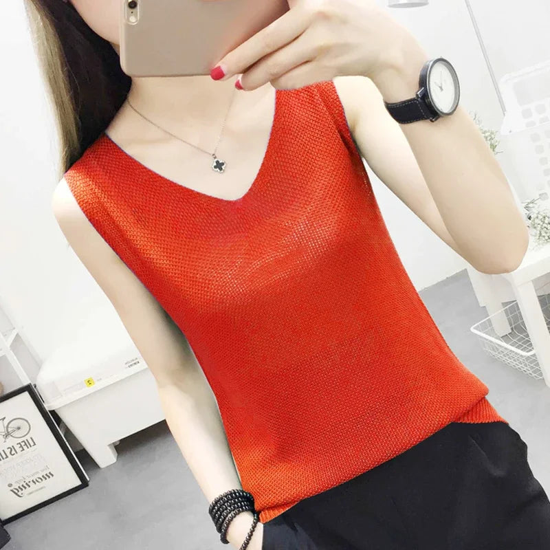 Fashion Woman Blouses 2024 V-neck Knitted Blouse Shirt Women Clothes Sleeveless Summer Blouse Women Womens Tops And Blouses C860