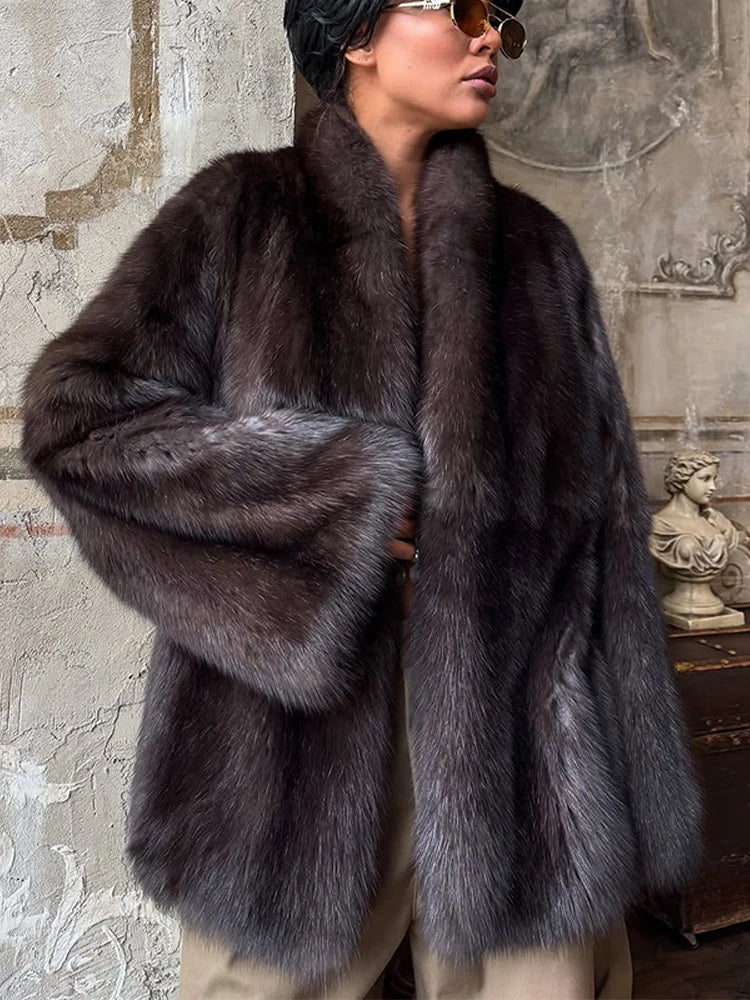Solid Medium-length Fur Coat Women Elegant Lapel Hidden Button Loose Outerwear 2025 Winter New Office Lady Commute Overcoat