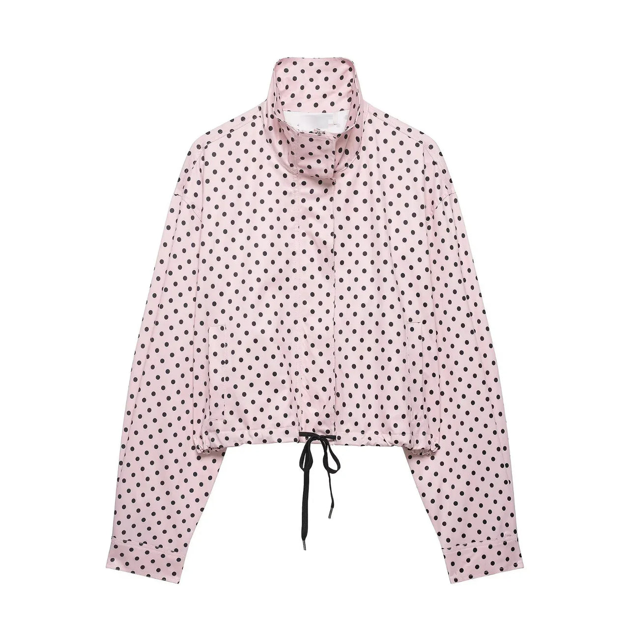 HH Fashion Women's Polka Dot Print Short Coats Autumn Long Sleeves Turtleneck Zipper With Pockets Drawstring Casual Jacket
