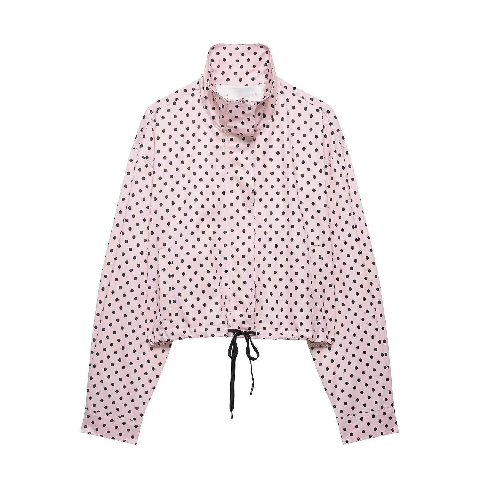 HH Fashion Women's Polka Dot Print Short Coats Autumn Long Sleeves Turtleneck Zipper With Pockets Drawstring Casual Jacket