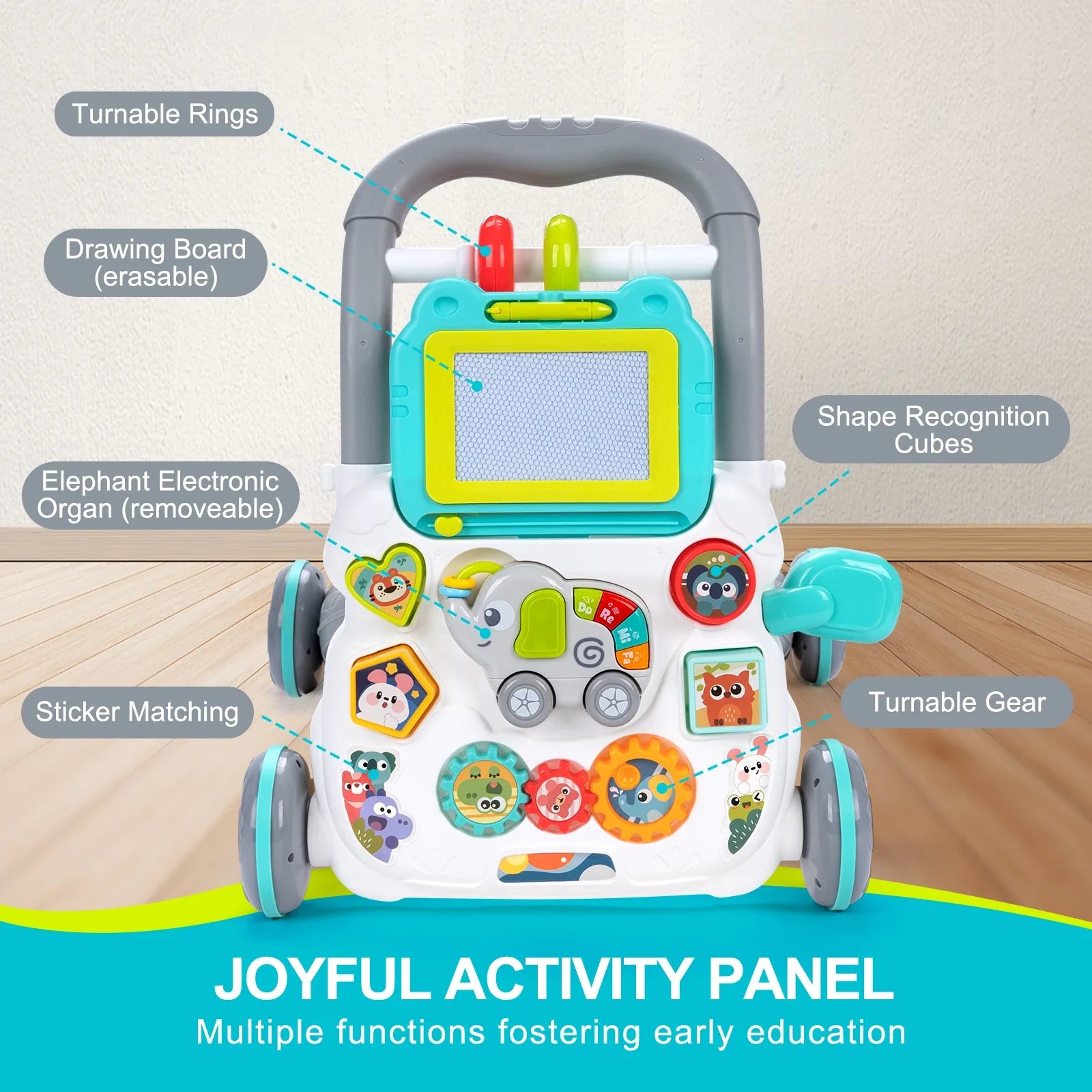 Cartoon Baby Push Walker Toy with Drawing Board Music Multifunction Activity Infant Learning Walk for 6-15 Months Toddler Walker