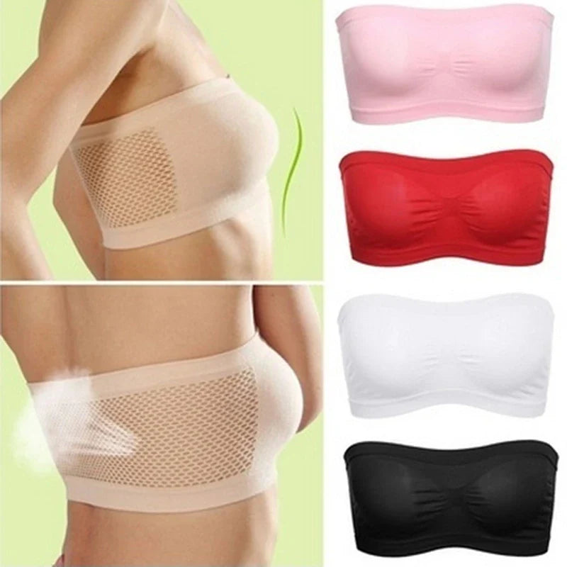 Lady's Sexy Strapless Crop Top Bra Bandeau Boob Tube Brassiere Summer Breathable Mesh Invisible Strapless without Chest Pad Wrap