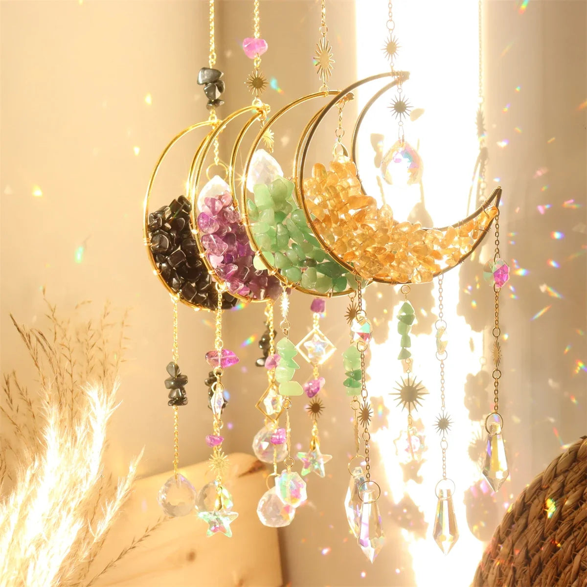 Hourglass Moon Purple Blue Green Pink Crystal Sun Catcher Pendant Decoration, Half Moon Window Hanging Pendant - Home and Garden