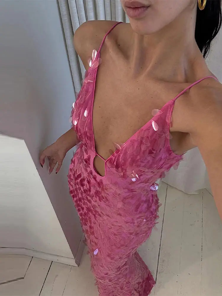Fashion Sequined V Neck Sling Dress Women Evening Party Sleeveless Backless High Waist Maxi Dresses 2024 New Christmas Gown Robe