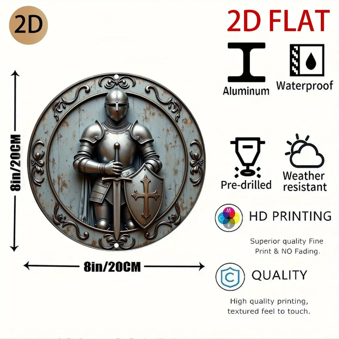 Medieval Knight Metal Wall Art, 3D Shield Spear Round Aluminum Decor for Home Bar Garden