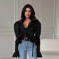 Women Fashion Slim Shirt Classic Solid Single Breasted O-neck Lace-up Full Sleeve Ruffled Blouse 2026 Chic Spring Commute Tops