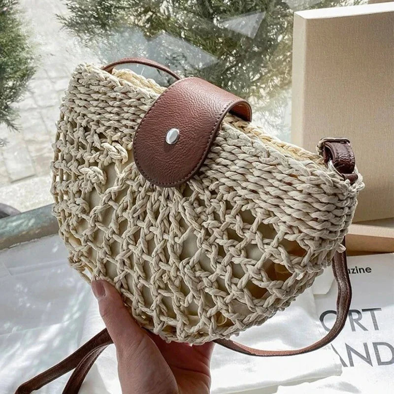 Crossbody Bags Summer Straw Bag Fashion Semicircle Crossbody Bags Rattan Handmade Messenger Handbag Travel Beach Bags Tote