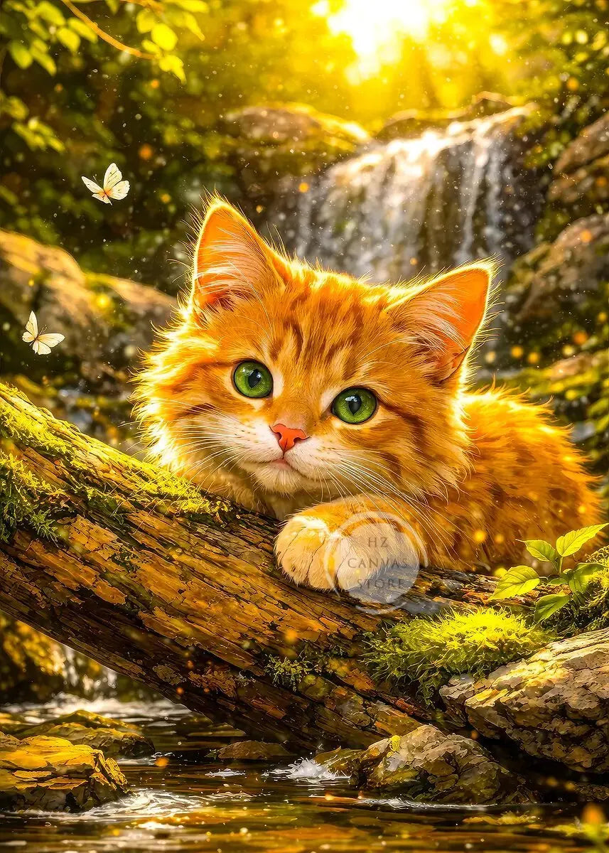 Cute Kittens Various Scenes Poster Funny Baby Cat in Daisy Field Watching Sunset on Beach Sleeping Canvas Print for Home Decor