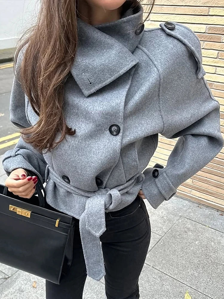 Women Turtleneck Grey Woolen Cropped Coat Chic High Collar Double Breasted Pocket Lace Up Short Overcoat Lady Daily Street Coats