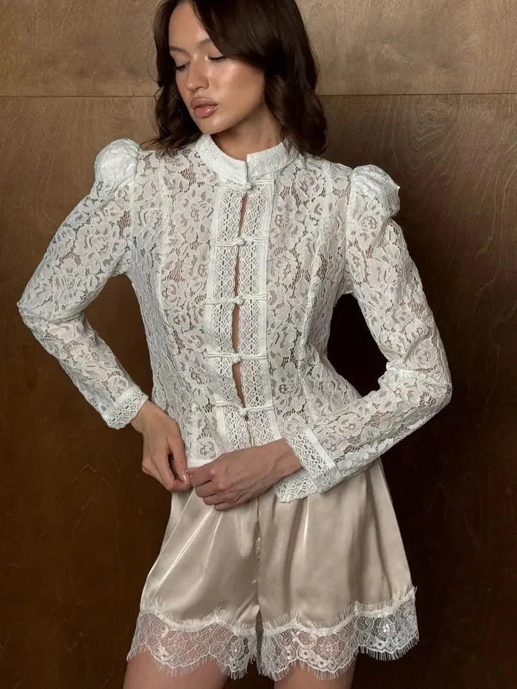 Tossy Summer Lace Printed Shirts Tops Female Hollow Out Fashion Commute Vintage See-Through Blouse Women's Lace Shrug Shirts New