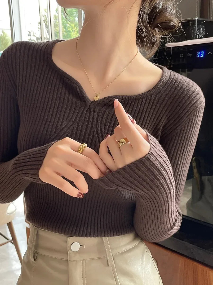 2026 Basic V-neck Chic  Autumn Winter Pullover Women Female Knitted Ribbed Sweater Slim Long Sleeve Badycon High Quality Sweater