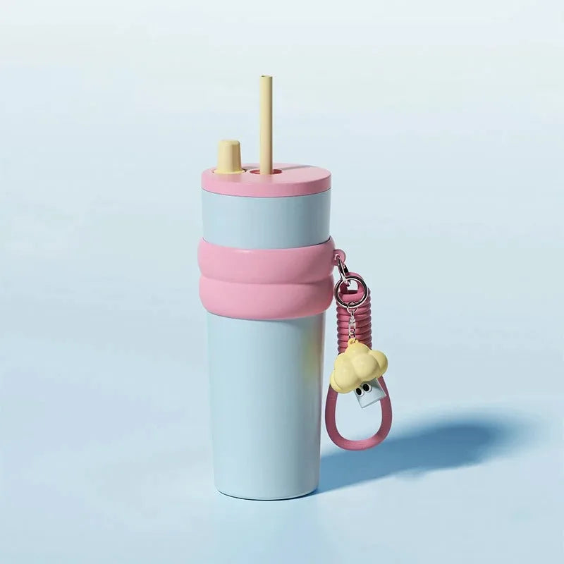 24oz Portability Tumbler with Handle Straw Lid Large Volume Stainless Steel Vacuum Insulated Cup Keep Cold Travel Mug