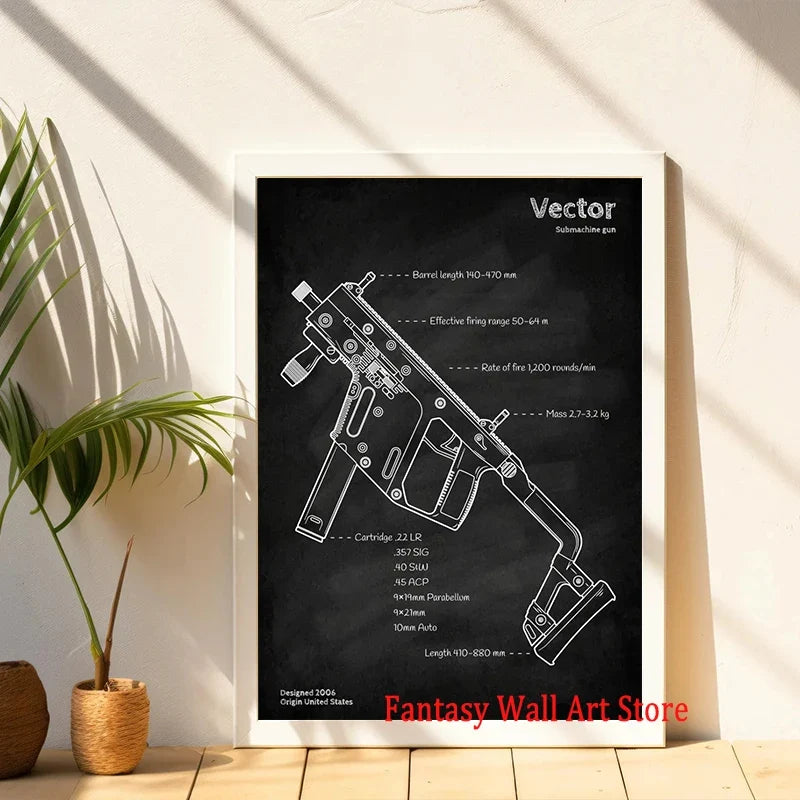 Weapons Blueprint Poster Black Board Guns Blueprint Wall Art Canvas Painting Military Enthusiast Home Room Wall Decor Gunfight