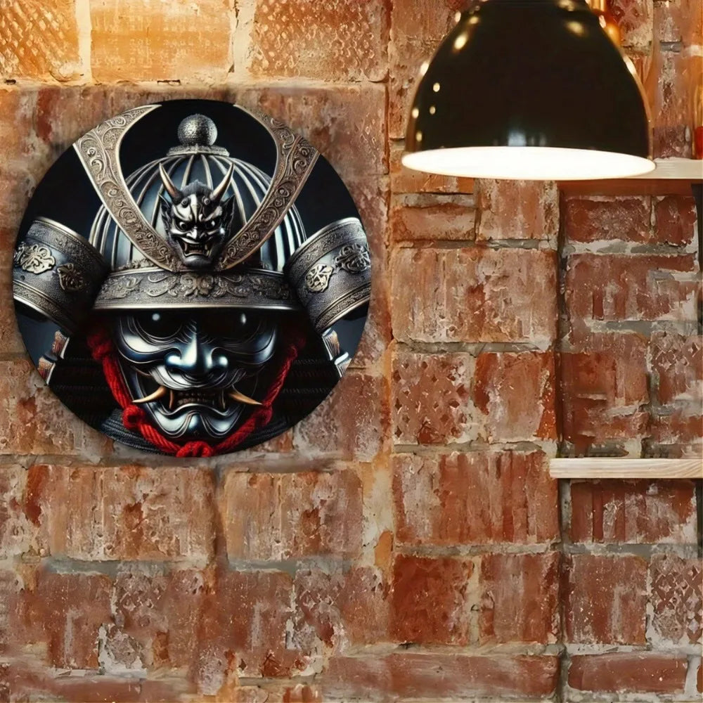 Round Metal Sign: Japanese Samurai Helmet (Oni Mask) - Wall Art Decor, Bedroom, Cafe, Home & Dorm Decoration