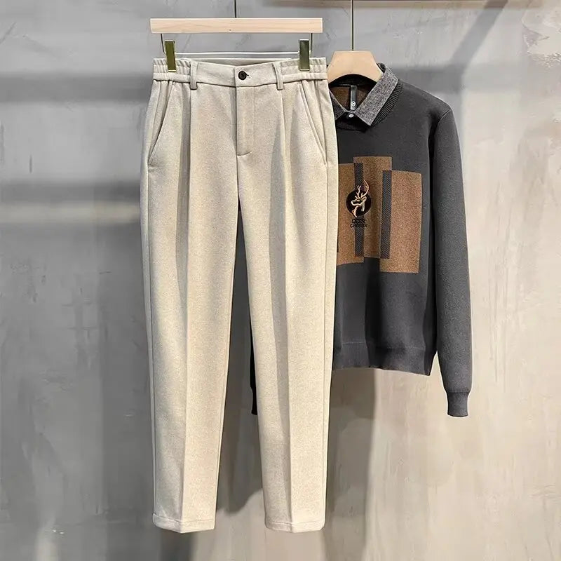 Men's Woolen Casual Pants Autumn Winter Thickened Straight Leg Slim Fit Long Trousers Korean Fashion Nine Points Pants