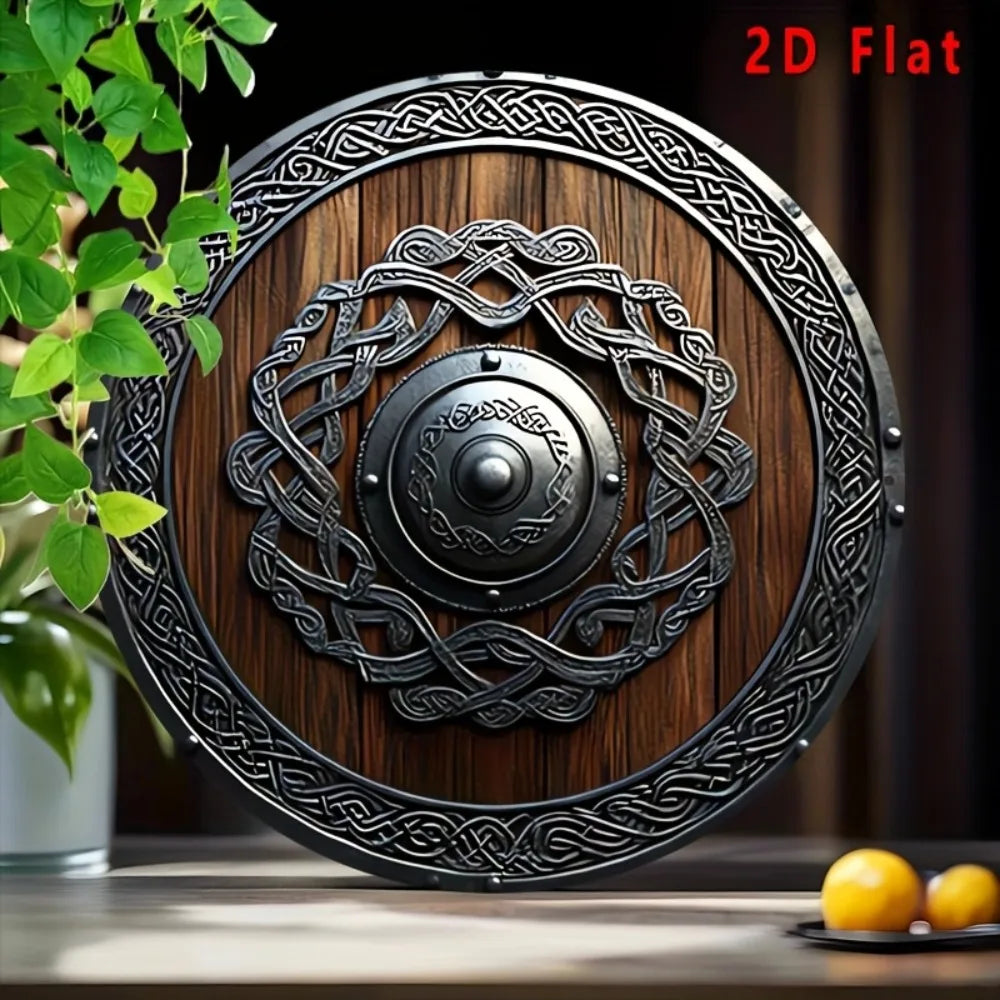Norse Viking Shield Metal Wall Decor 2D Flat with Celtic Knots Dark Brown Home Office Bar Cafe