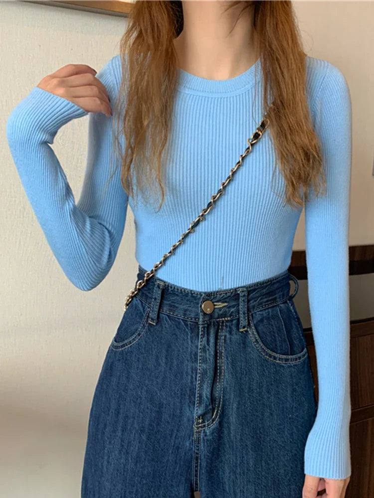 2026 New Women Sweater Autumn Winter Long Sleeve Pullover Basic Top Fashion O-neck Elastic Female Winter Solid Knitted Jumper