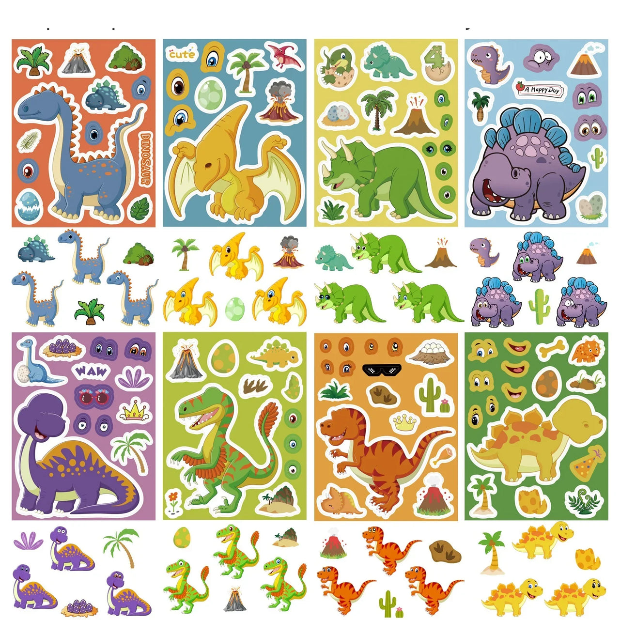 8/16/24PCS Cute Dinosaur Puzzle Stickers, Face Stickers Handmade DIY Creative Personalized Decoration Waterproof Sticke