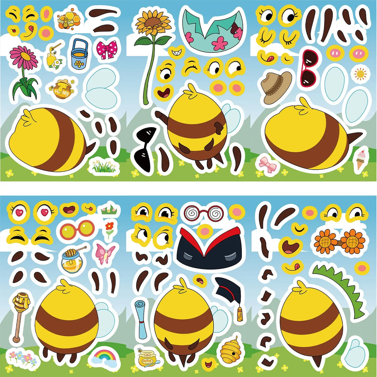 8/16/24PCS Toy Puzzle Stickers Cartoon Bee Expressions Make a Face Stickers DIY Handicrafts Waterproof Stickers