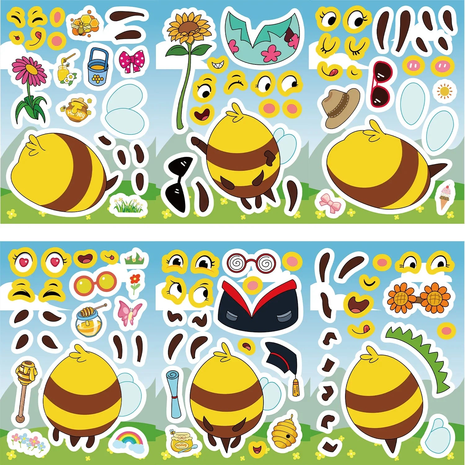 8/16/24PCS Toy Puzzle Stickers Cartoon Bee Expressions Make a Face Stickers DIY Handicrafts Waterproof Stickers