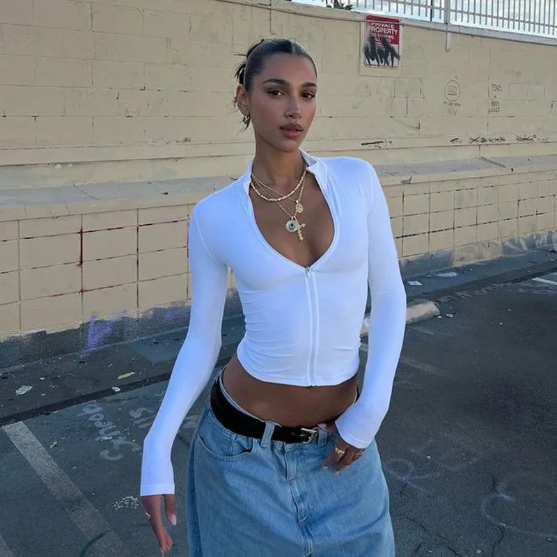 Huhugirl Summer Sexy Club Tees Zipper Tshirts Women Solid Tops Fashion Long Sleeveless V-Neck Streetwear Mini Slim Tops Blusas