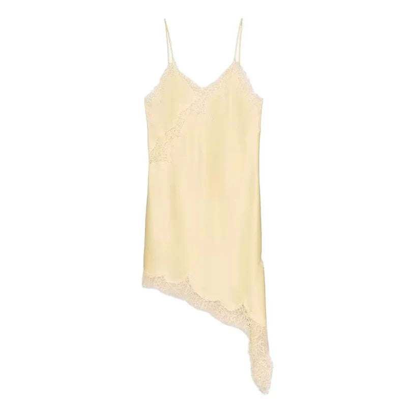 Satin Sexy Lace Spliced Short Sling Dress Women Sleeveless Backless Asymmetric Sexy Party Dresses 2026 Summer Lady Dress ﻿