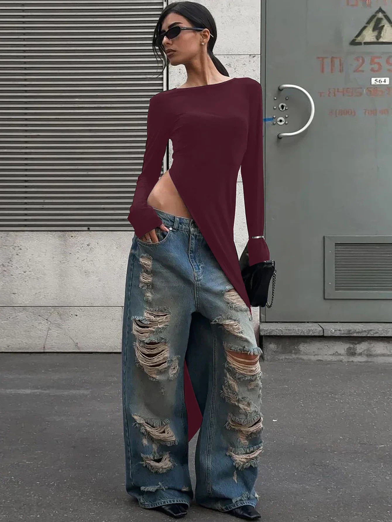 Dulzura Long Sleeves Side High Slit Maxi Dress Solid Sexy Long Dress Women’S Party Club Streetwear Autumn Winter Outfit
