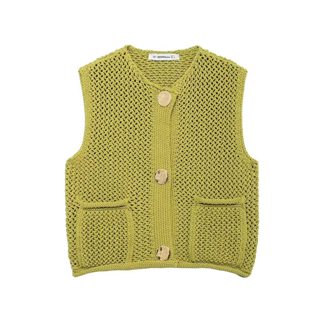 Women Fashion Sleeveless Coarse Needle Knitting Vest Sweater Female Chic Big Pockets Patch Buttons Cardigan Waistcoat Tops