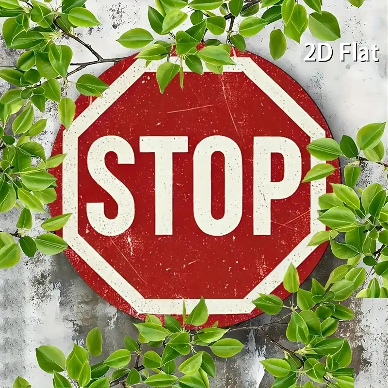 [2D Flat] Vintage Stop Sign Aluminum Wall Art -Round Retro Traffic Symbol Poster, Perfect for Bar, Cafe, Beach House