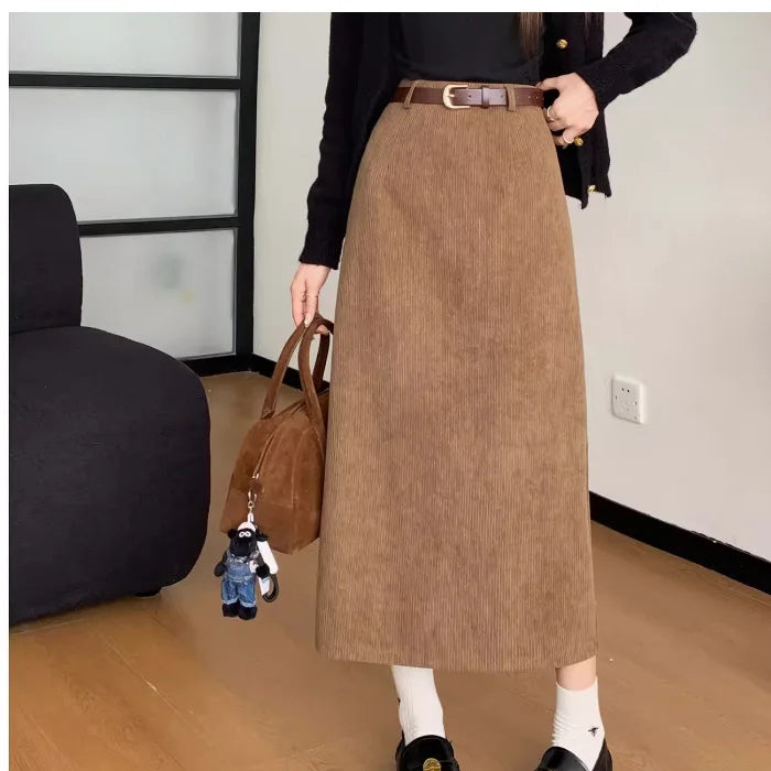Retro Hong Kong Style Thickened Corduroy Solid Color Half-length Skirt Women's Autumn Winter Wraparound Skirt Mid-length Skirt