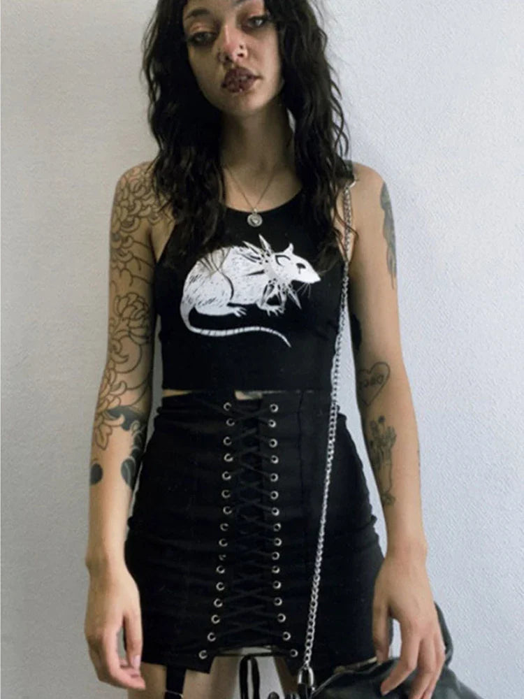 Mouse Print Black Tank Goth Sexy Bodycon Cropped Tops Women Streetwear Harajuku O Neck Knitted Basic Tank Top