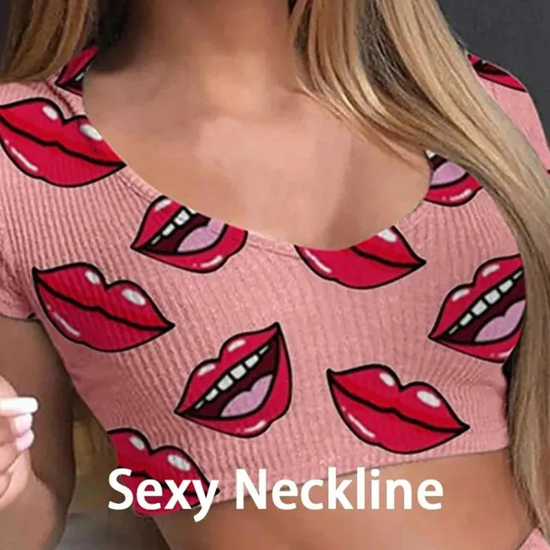 2026 Summer Casual Lips Print Women Sleepwear Pajamas Set Top Pants Skinny Homewear Underwear