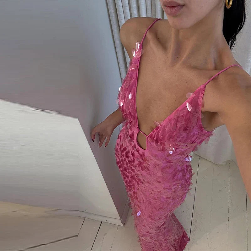 Fashion Sequined V Neck Sling Dress Women Evening Party Sleeveless Backless High Waist Maxi Dresses 2024 New Christmas Gown Robe