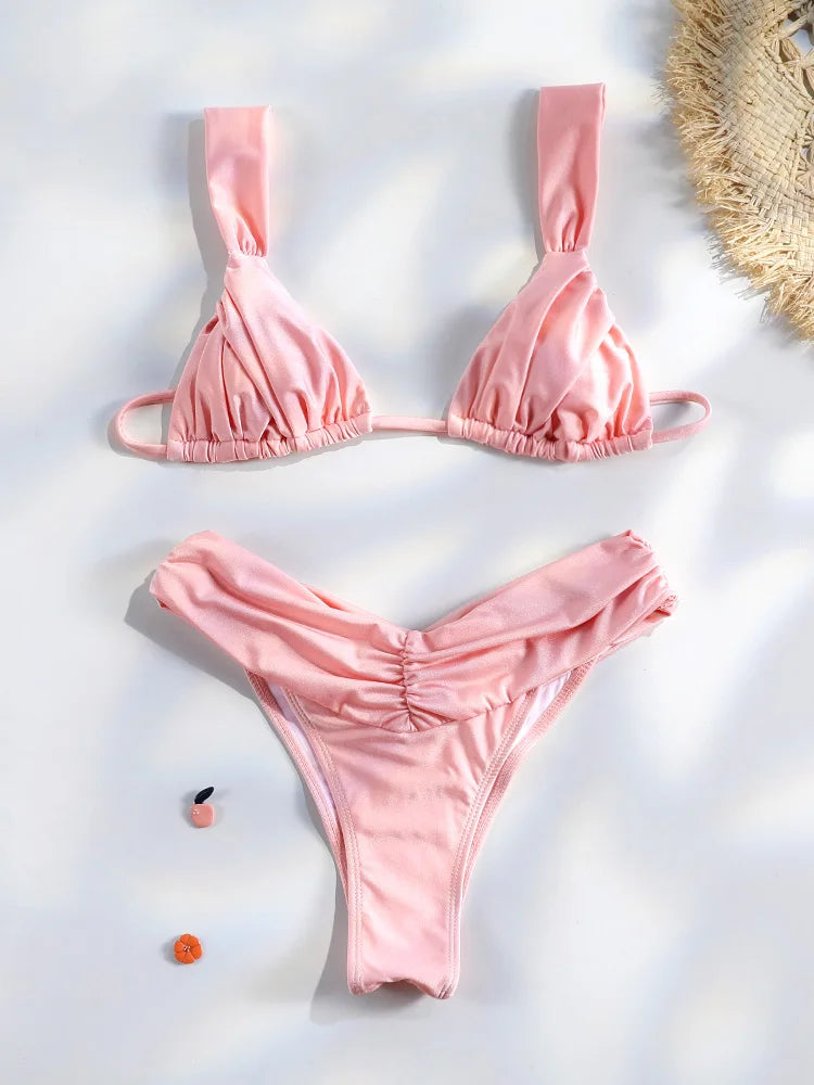 Sexy Folds Bikini Set Solid Micro Bikinis Women Swimsuit Female Triangle Swimwear Beach Wear Bathing Suit