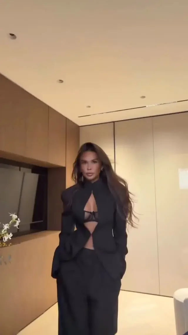 Sexy Black Hollow Blazer Dress Women Elegant Full Sleeve Shoulder Pads Cinched-waist Mini Dress 2026 New Lady Evening Party Wear