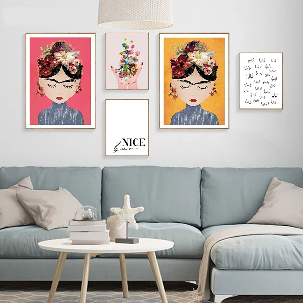 Boho Feminist Boobs Flower Hands Poster Print Canvas Painting Room Decor Frida K Art Work Picture Wall Art for Living Room Decor