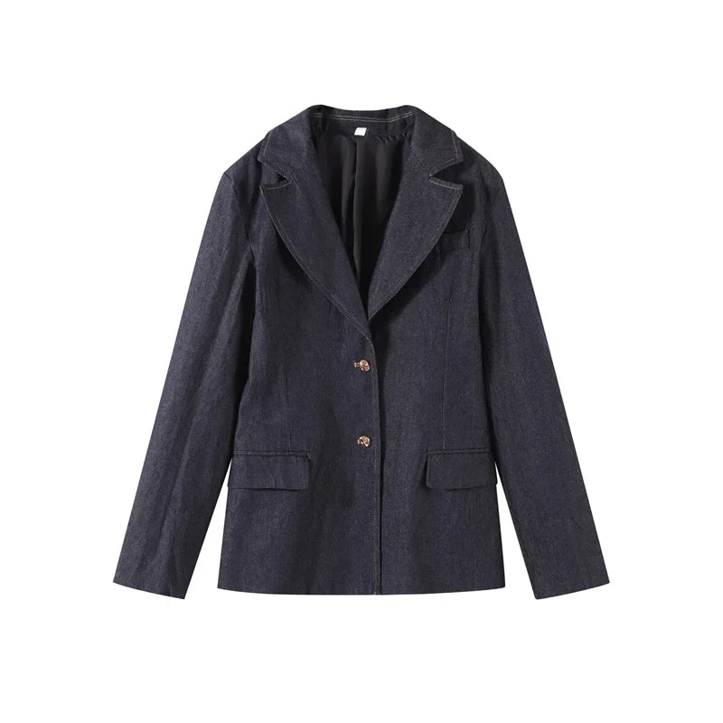 Elegant Denim Blazer Vest Pants Set Women Single-breasted V-Neck Suit Coat Strapless Tanks Straight Leg Jeans 2025 New Lady Suit