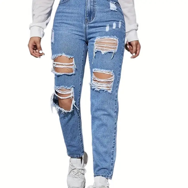Sexy High Waist Women's Denim Jeans PD08286 New Arrival Blue Hole Punch Design Long Pants Spring 2024 Faion Ladies' Wear