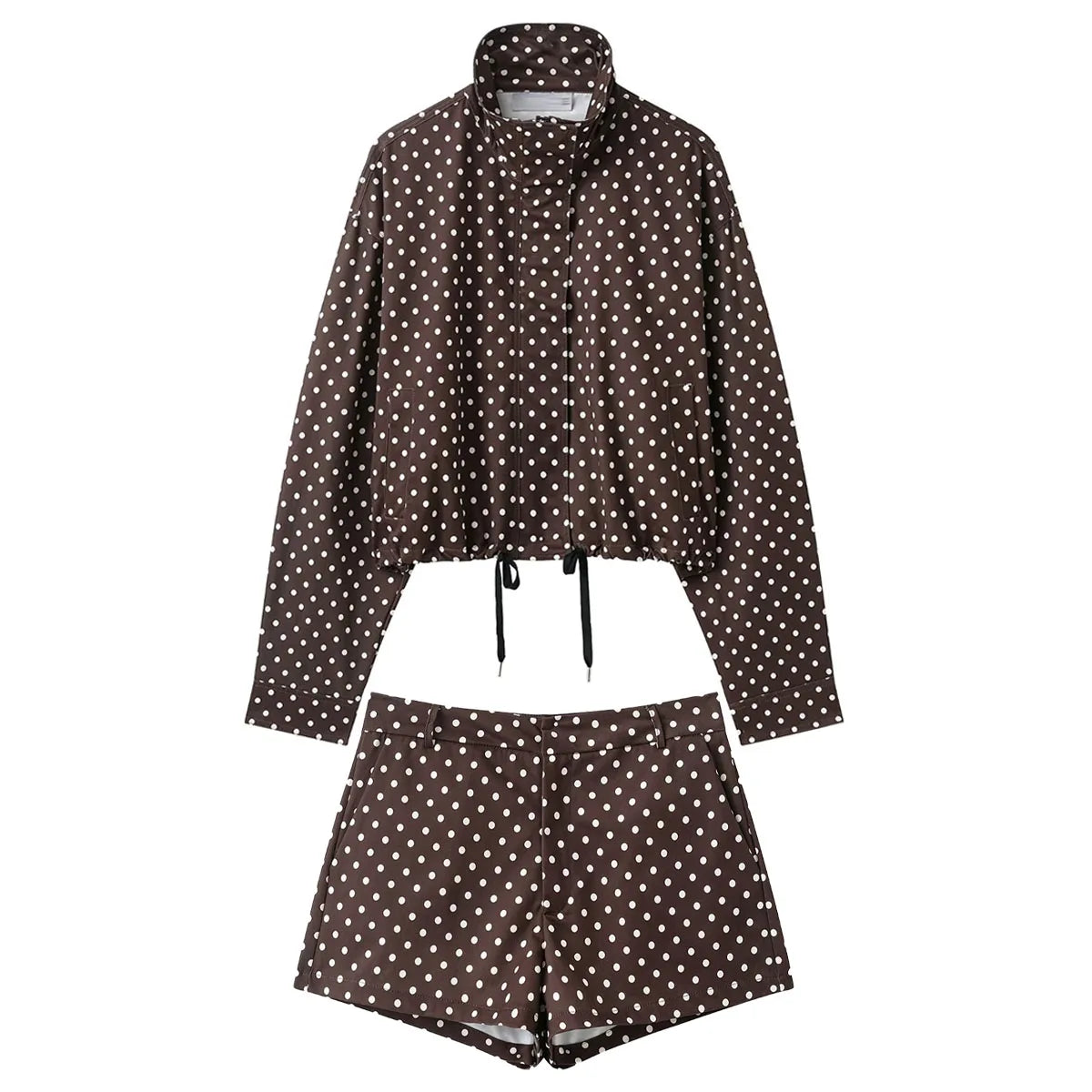 HH Woman Autumn Long Sleeves Turtleneck Zipper With Pockets Drawstring Casual Coats Women Fashion Polka Dot Printed Jacket