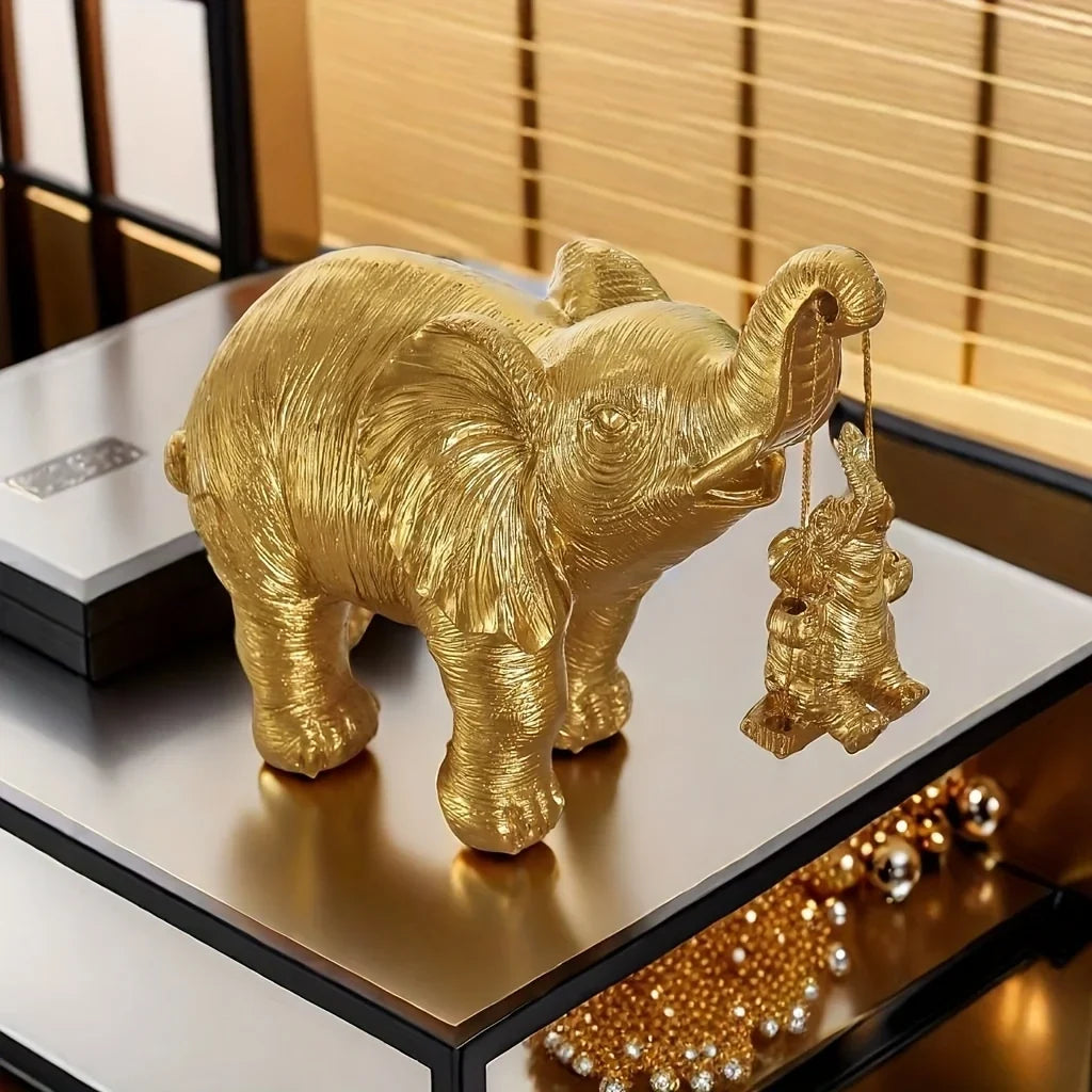 1 Piece of Gold and Silver Mother and Child Elephant Statue Ornament, Mother Holding Baby Elephant in a Warm Pose, Living Room Tabletop, Home Decor Creative Display Item