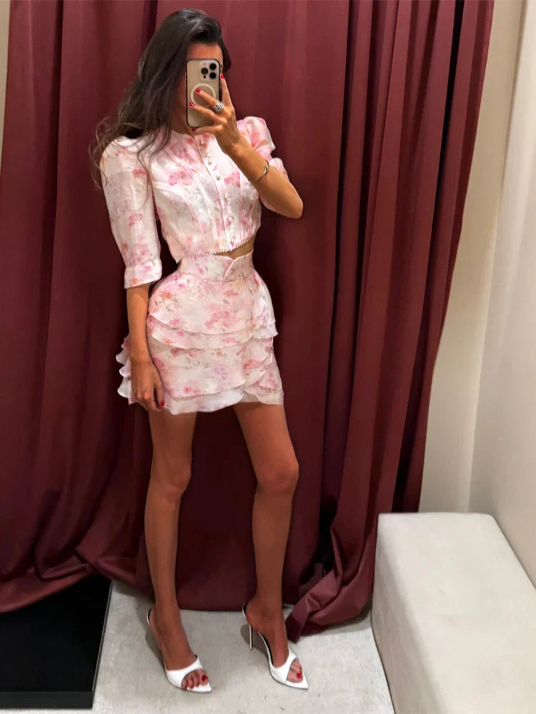 Women's Elegant Floral Print Two Piece Set Fashion Puff Sleeve Crop Top Layered Ruffle Mini Skirt Sets 2026 New Lady Daily Suits