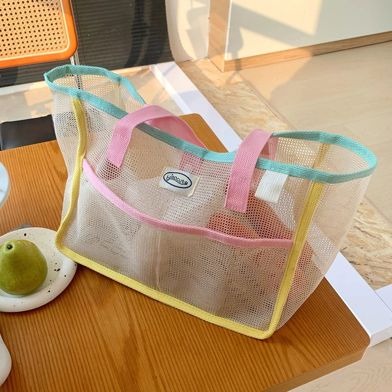 Ladies Summer Transparent Mesh Breathable Handbag Outdoor Beach Shower Handbag Large Capacity Beach Bags Portable Swimming Tote